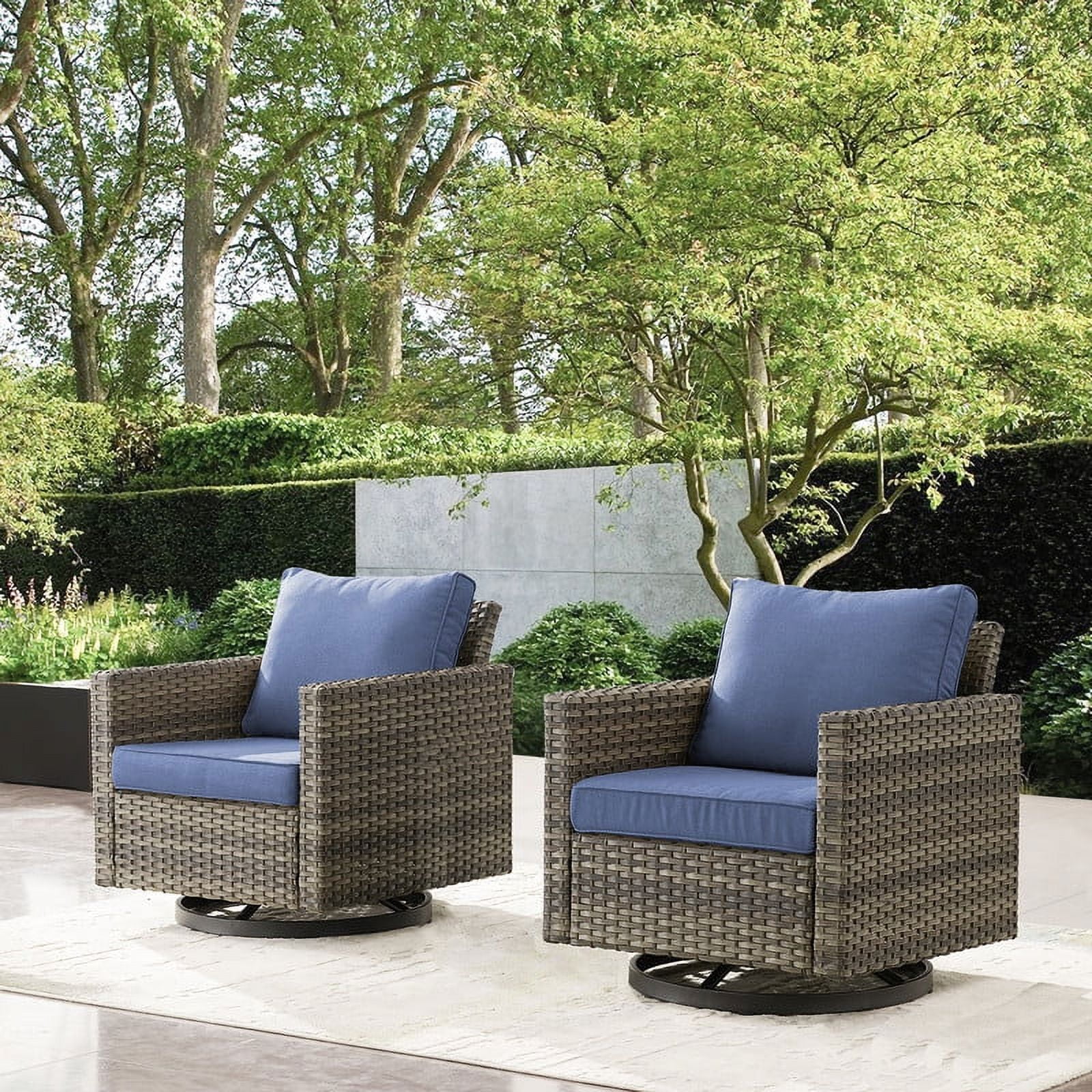 PARKWELL Outdoor Swivel Glider Chair Set of 2, Patio Swivel Rocking Lounge Chair with Navy Cushions for Balcony Patio, Gray Wicker