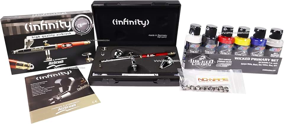 Harder & Steenbeck Infinity CR Plus 2 in 1 Airbrush 126544 + UMOs + Createx W101 Paint Set Primary Colors
