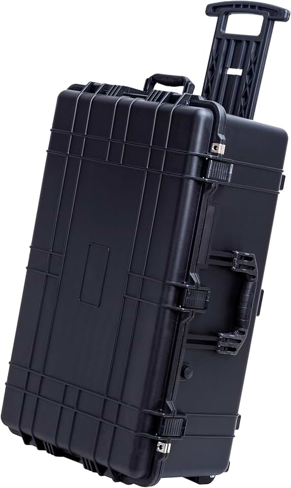 MEIJIA Portable Waterproof Protective Case,Hard Camera Case With Retractable Pull Handle And Rolling Wheels,Customizable Fit Foam Inserted,Elegant Black, 31.57