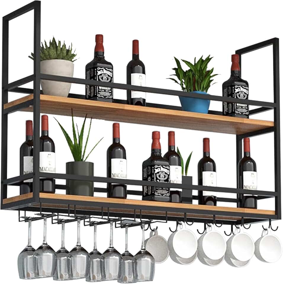 Hanging Wine Rack, Iron Wine Glass Rack Ceiling Decoration Shelf, Industrial Hanging Wine Bottle Holder 2-Layer, for Bar Cafe Kitchen Storage Rack with Glass Holder and Shelf