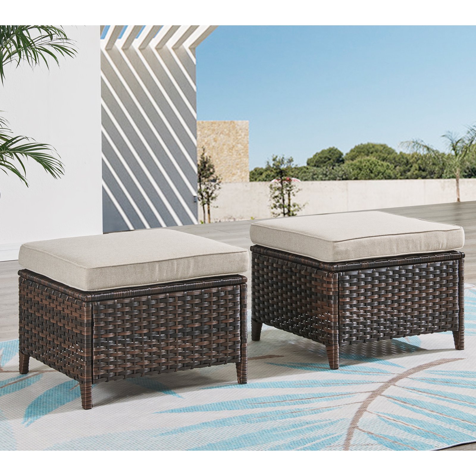 PARKWELL 2PCS Patio Rattan Ottoman Outdoor Foot Rest with Beige Cushion in Brown Wicker