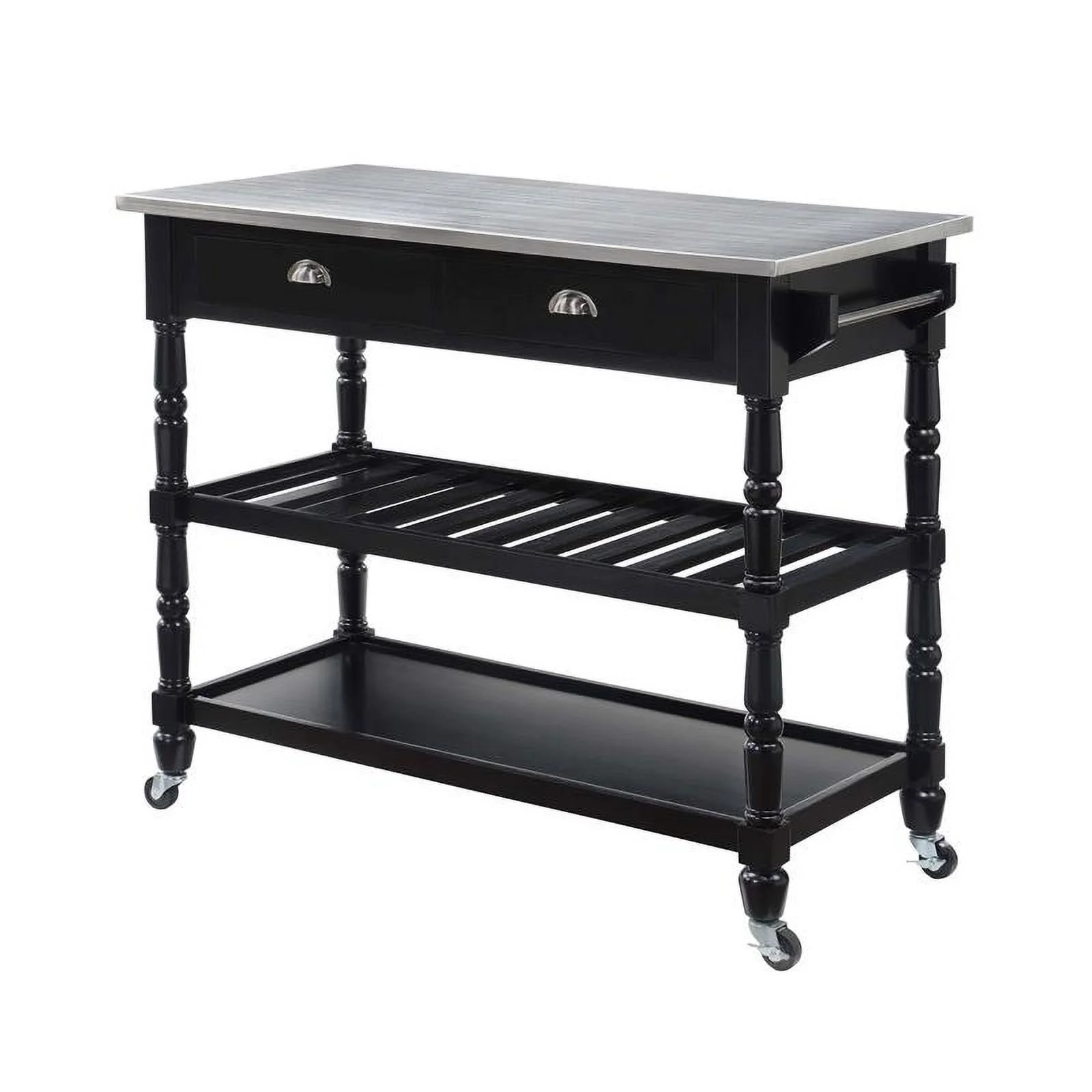 Pemberly Row French Stainless Steel Top Kitchen Cart- Black Wood