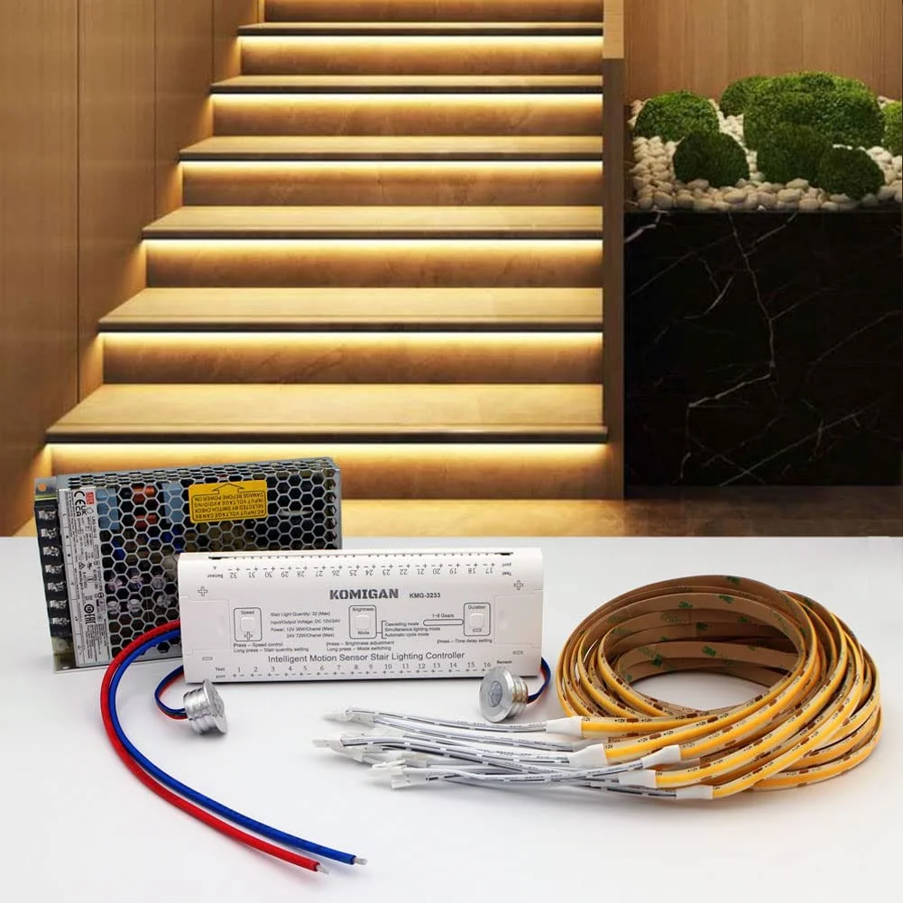 Intelligent Motion Sensor LED Stair Lighting Kit KMG-3233, 40 Inch (100 cm) Long Cuttable LED Strip Light for Indoor LED Stair Lights LED Step Lights (Warm White 3000K,12 Stairs)