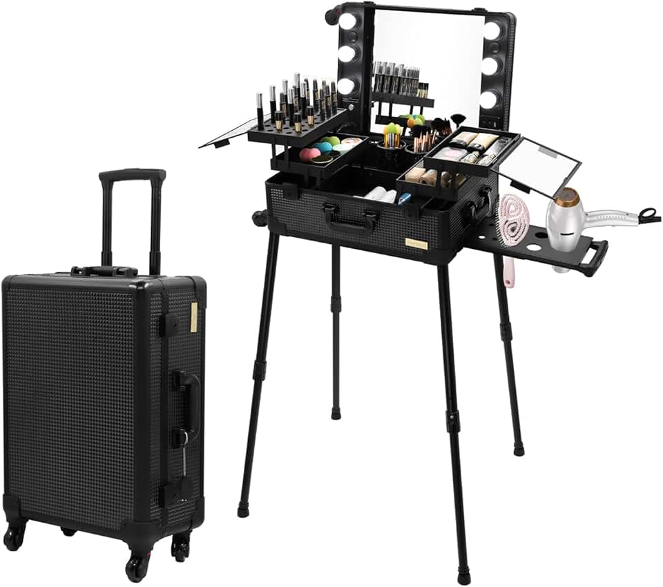 Aluminum Trolley Makeup Train Case with LED Lights Professional Cosmetic Organizer Studio with Speaker, Wheels and Stands Rolling Lighted Makeup Vanity Station for Travel (Black)