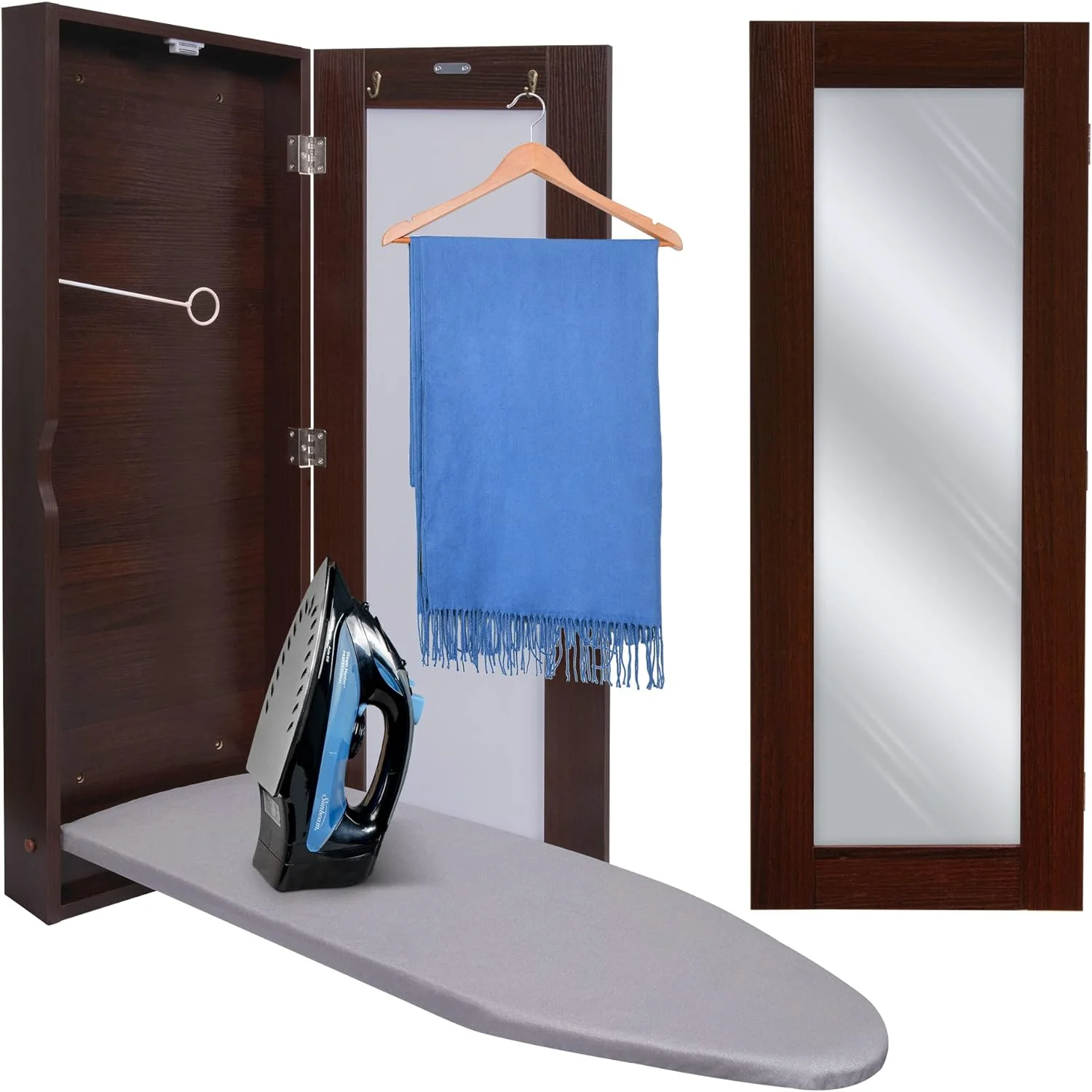 Ironing Board Cabinet, Foldable Ironing Storage Station For Home, Apartment & Small Spaces, Easy-Release Lever, With Miror Door, Walnut Color