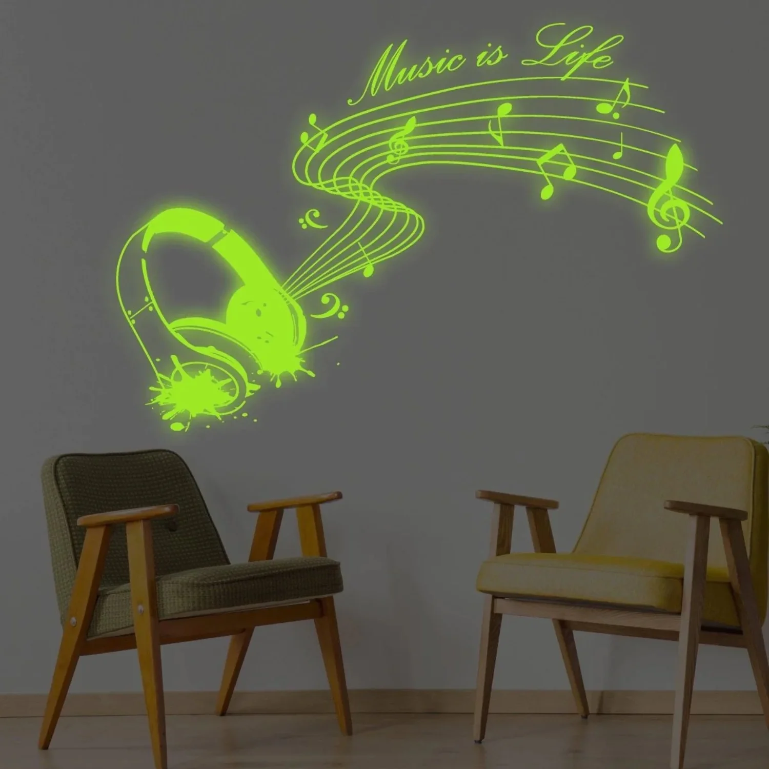 IllumiNote Glow-In-The-Dark Wall Decal Musical Notes Themed Luminous Wall Art Sticker