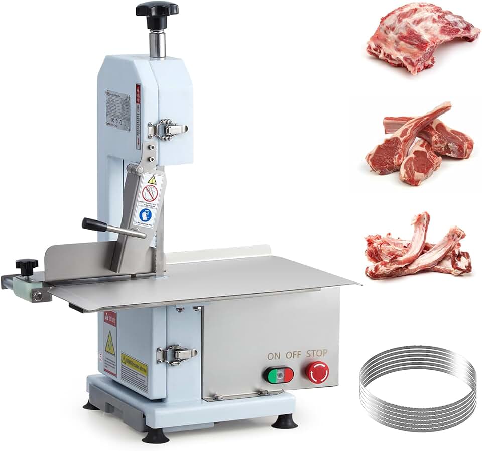GARVEE Meat Saw for Butchering, 550W Bone Saw Machine, 0.39～5.7 Inches Cutting Thickness with 6 Saw Blades, Meat Bandsaw Butchering with Workbench Width of 19.3 x 12.4 Inches