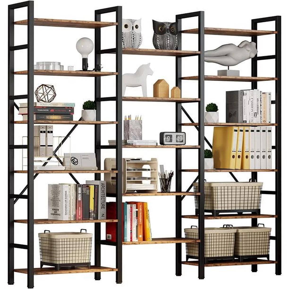IRONCK Industrial Bookshelves Triple Wide 6 Tiers with Metal Frame for Home Office Vintage Brown