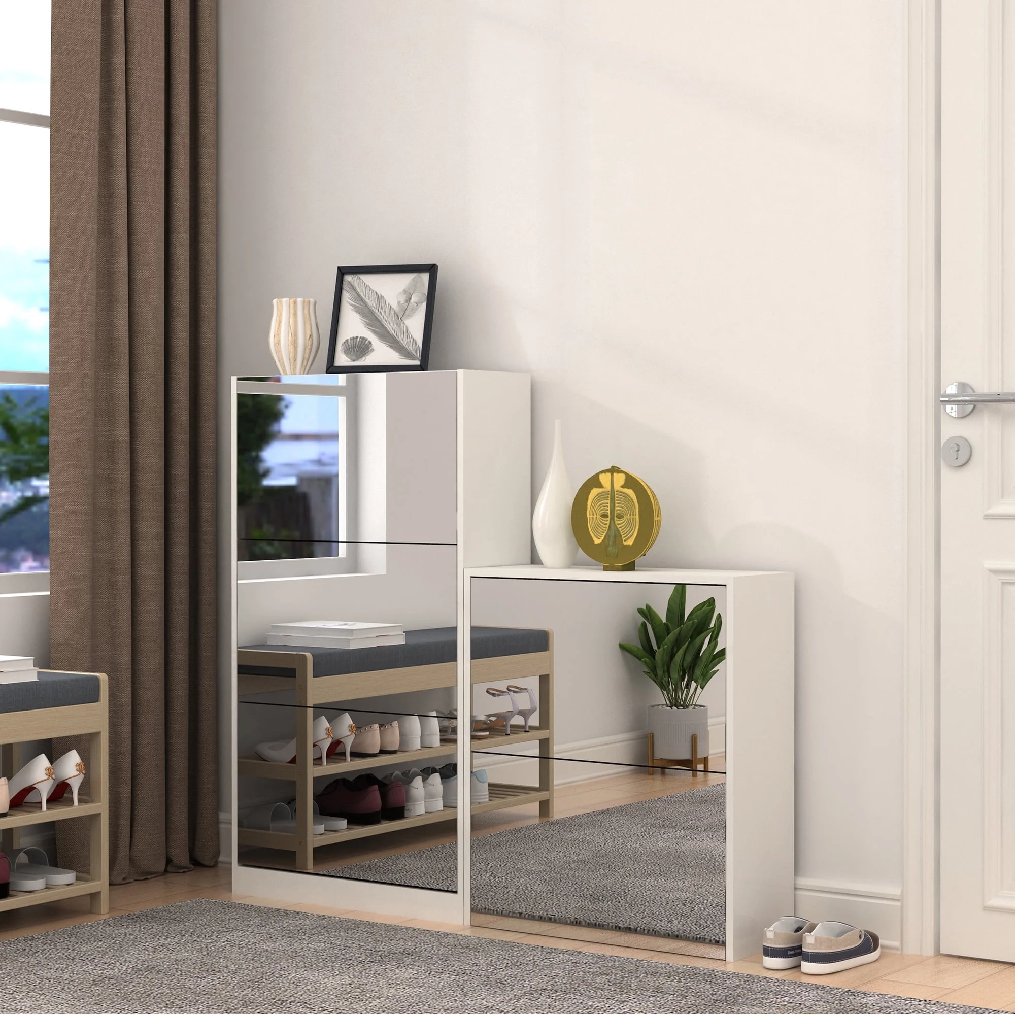 Organizedlife Modern Shoe Storage Organizer Cabinet with Full Length Mirror, Shoe Rack with 5 Flip Drawer for Entryway, Hallway