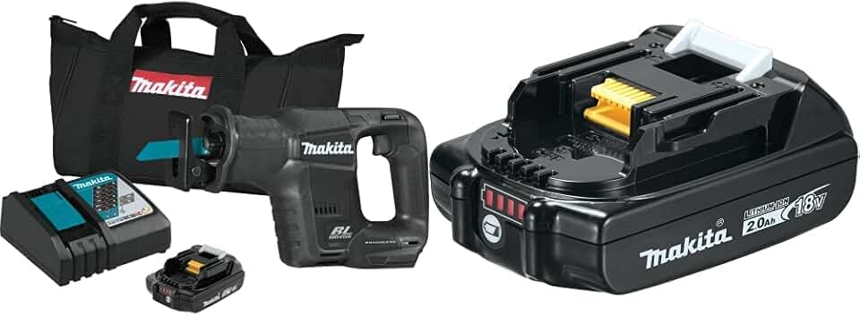 Makita XRJ07R1B 18V LXT Lithium-Ion Sub-Compact Brushless Cordless Recipro Saw Kit (2.0Ah) with additional BL1820B 18V LXT Lithium-Ion Compact 2.0Ah Battery