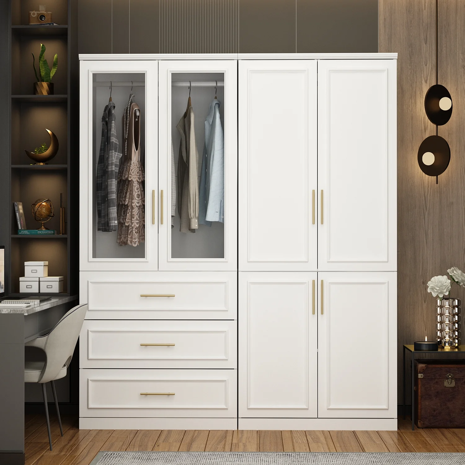 OXYLIFE Wardrobe Armoire Closet Cabinet with Glass Doors, Hanging Rod and 3 Drawers, 63.3