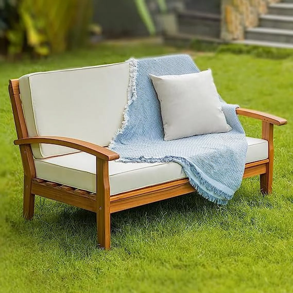Idzo Launrent Acacia Wood Patio Loveseat, Outdoor Sofa with Thick Cushion