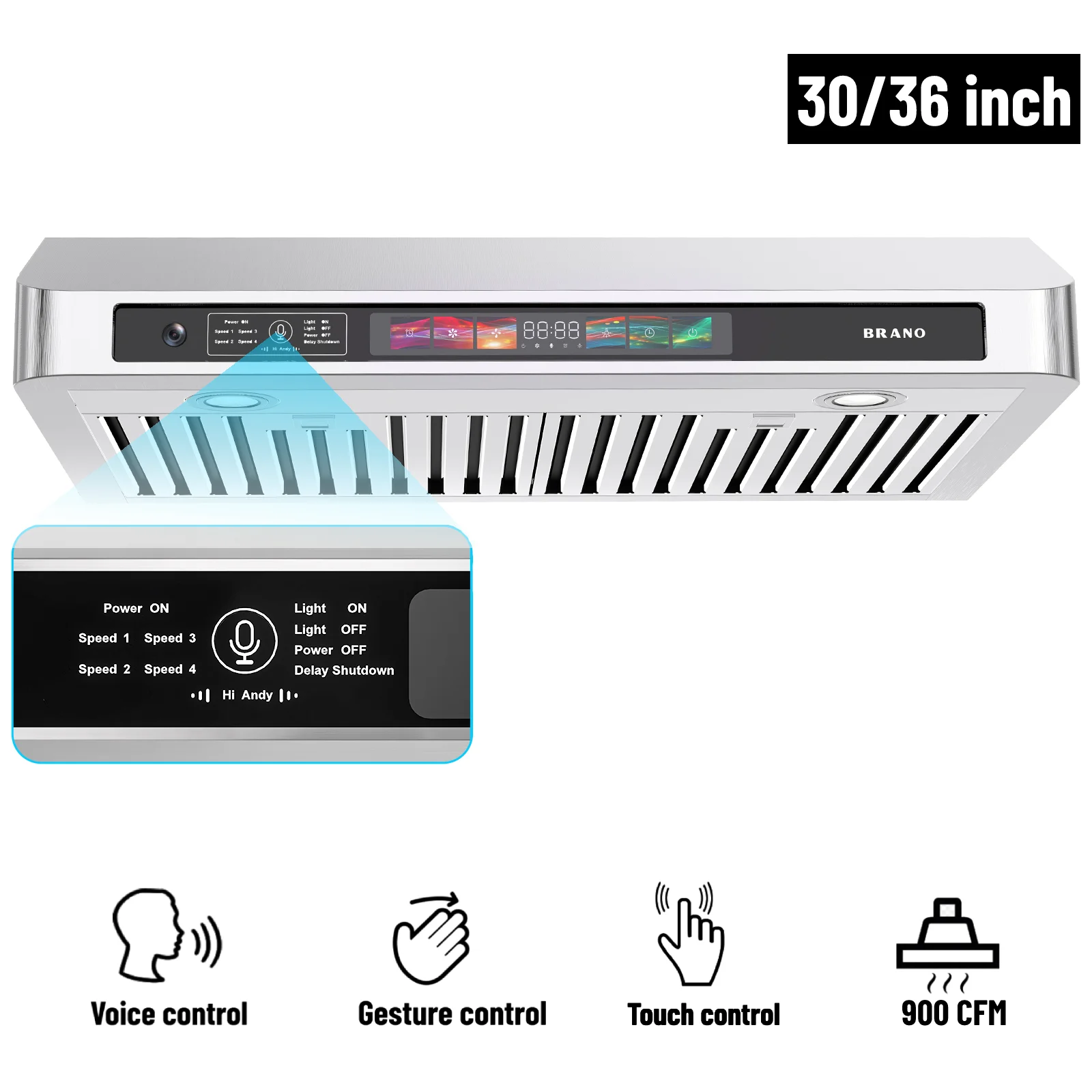 Brano 30 inch Under Cabinet Range Hood, Voice/Gesture/Touch Control, 900 CFM, 4-Speed Exhaust Fan