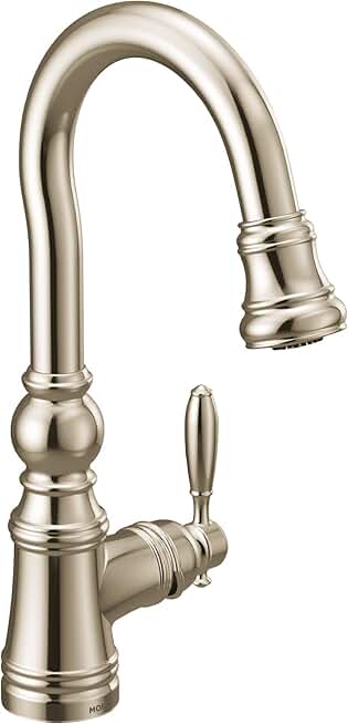 Moen S53004NL Weymouth Shepherd's Hook Pulldown Kitchen Bar Faucet Featuring Metal Wand with Power Clean, Polished Nickel