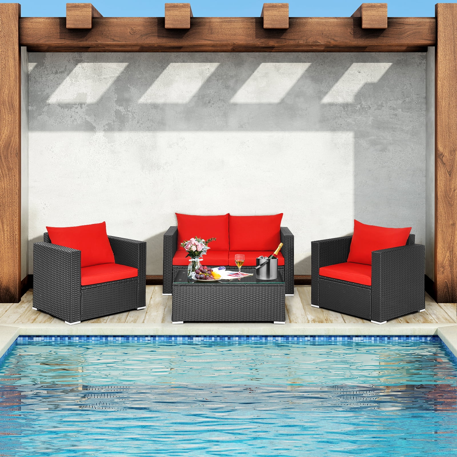 Patiojoy 4 Piece Patio Rattan Wicker Conversation Furniture Set Sectional Sofa & Coffee Table