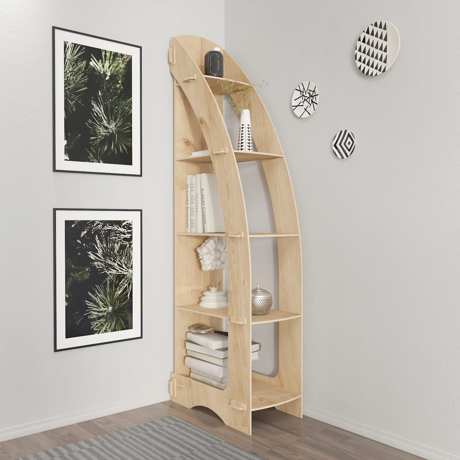 Orsa 71'' Corner Bookcase Modern Bookshelf Display Unit Natural Oak Finish