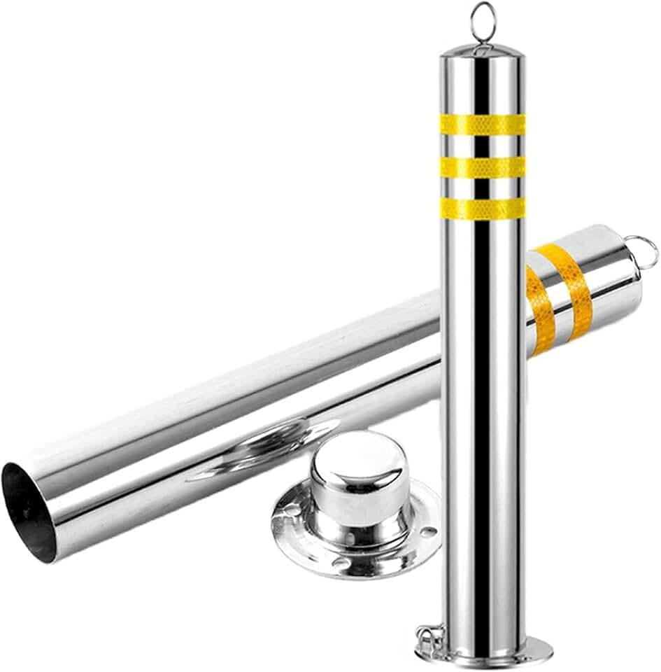 Security Parking Bollard Post 2 Pack Driveway Security Post Barrier,Stainless Steel Bollard Post with Reflective Strips, Parking Barrier for Home Garage Street Decor (Color : Silver, Size : 800x76m