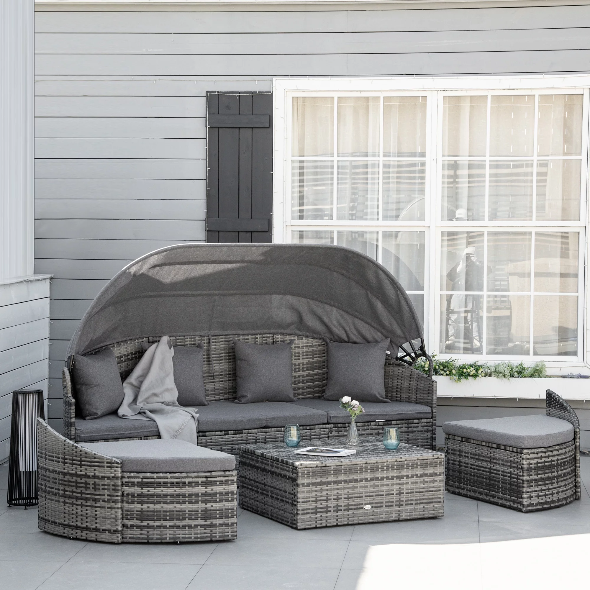 Outsunny Rattan Patio Furniture Set with Chairs Table 4 Pieces Gray
