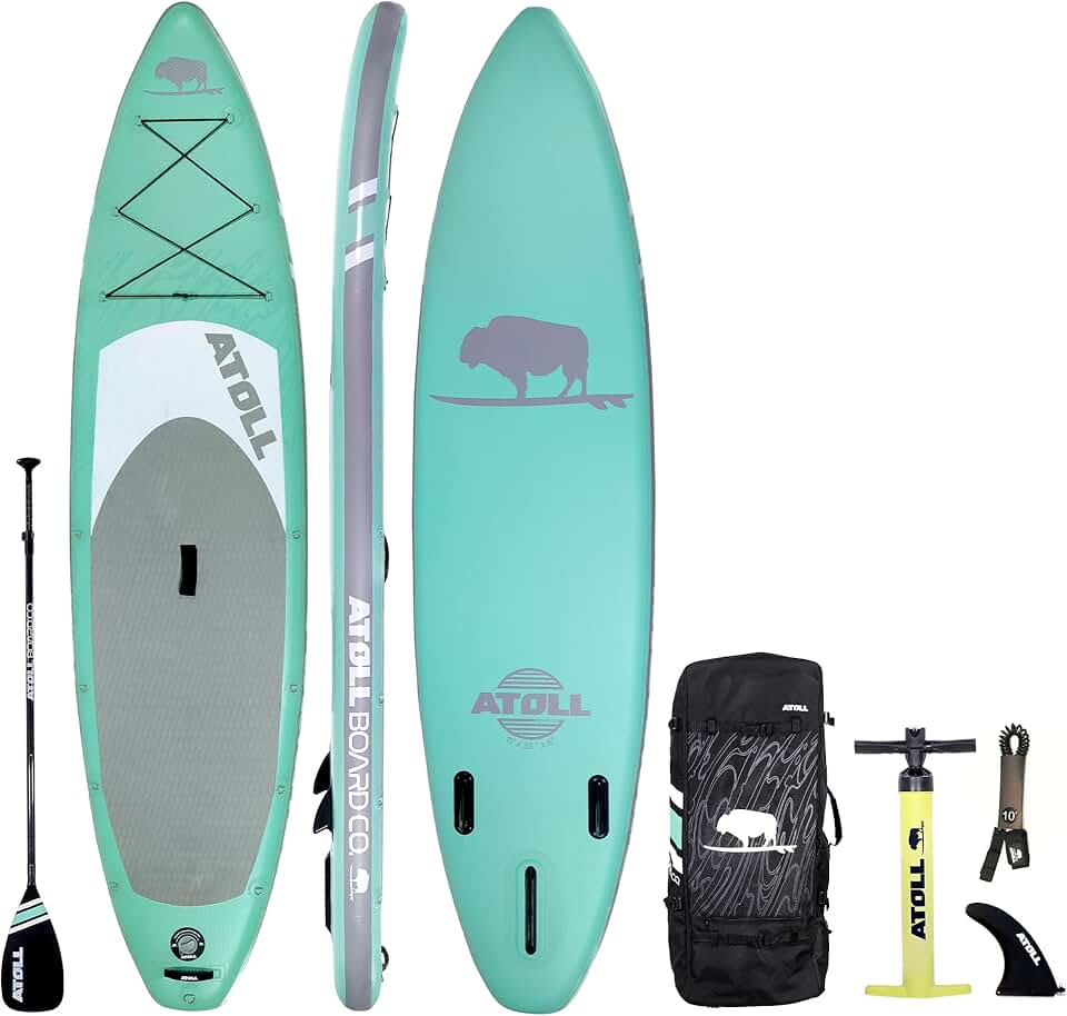 Atoll Inflatable Stand Up Paddle Board ISUP, Bravo Hand Pump and 3 Piece Paddle, Travel Backpack and Accessories New Leash Included Two Sizes - 11ft and 9ft
