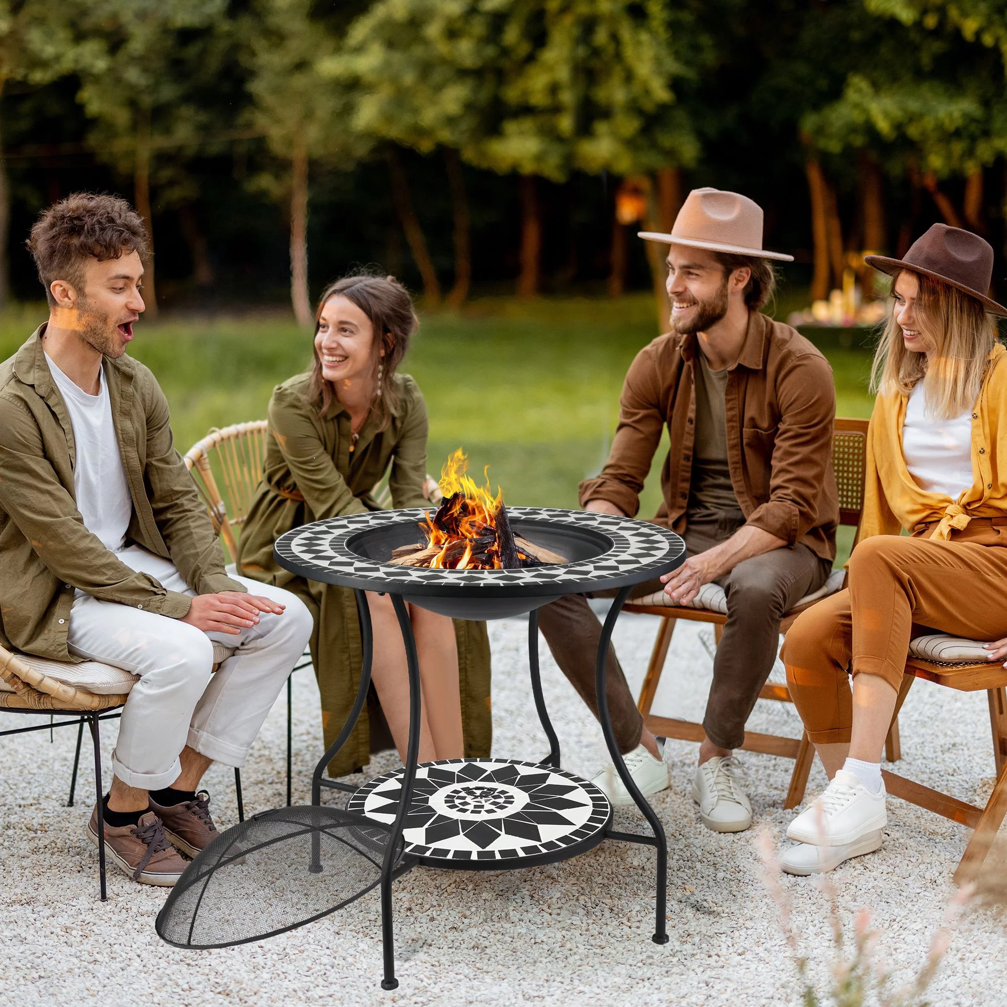 Outdoor Fire Pit Round Wood Burning with Storage Shelf&Spark Screen Cover for BBQ, Bonfire, Camping