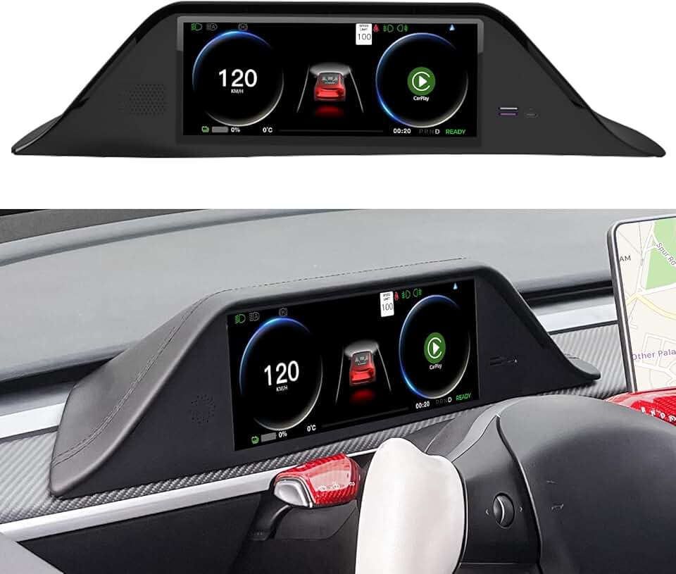 HUD Compatible with Tesla Model 3 2017-2023 Model Y 2019-2023 with Wireless Carplay Android Auto, 8.9inch Front Touchscreen Smart Dashboard Steering Wheel Control/Music/Map