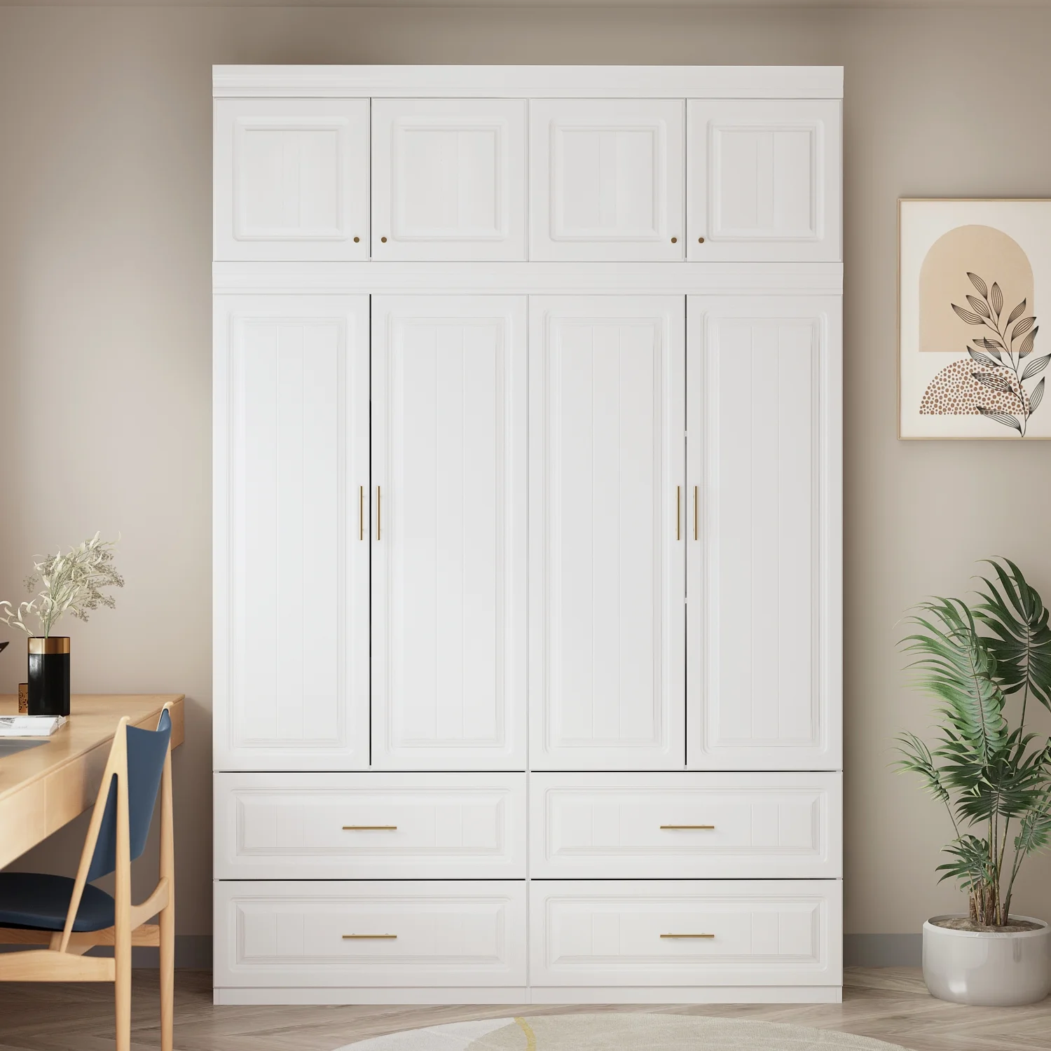 OXYLIFE 4-Door Wardrobe Armoire with Hutch, Shelves and Drawers,White Closet Storage Cabinet with Clothing Rod for Bedroom, 93.3