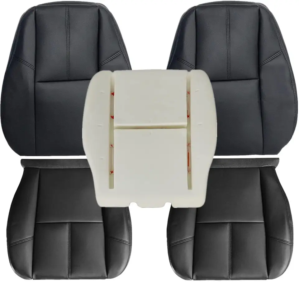 GXARTS Driver & Passenger Bottom & Top Lean Back Leather Seat Cover & Driver Foam Cushion fit for Chevy Tahoe Suburban Avalanche Silverado GMC Yukon Sierra 2007 2008 2009 2010 2012 2013 2014 Black
