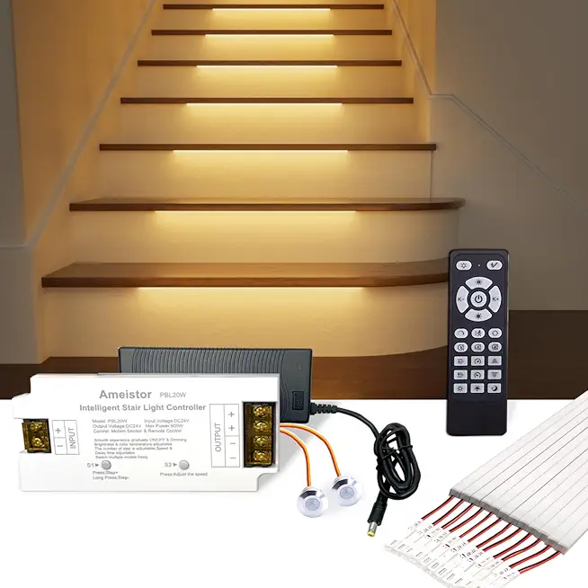 Intelligent Motion Sensor Stair Lights Indoor, LED Step Lights Staircase Lighting Kit with Remote Control, 20.4 Inch Aluminum LED Light Bar, Dimmable, 3000K-6000K (20 Stairs)