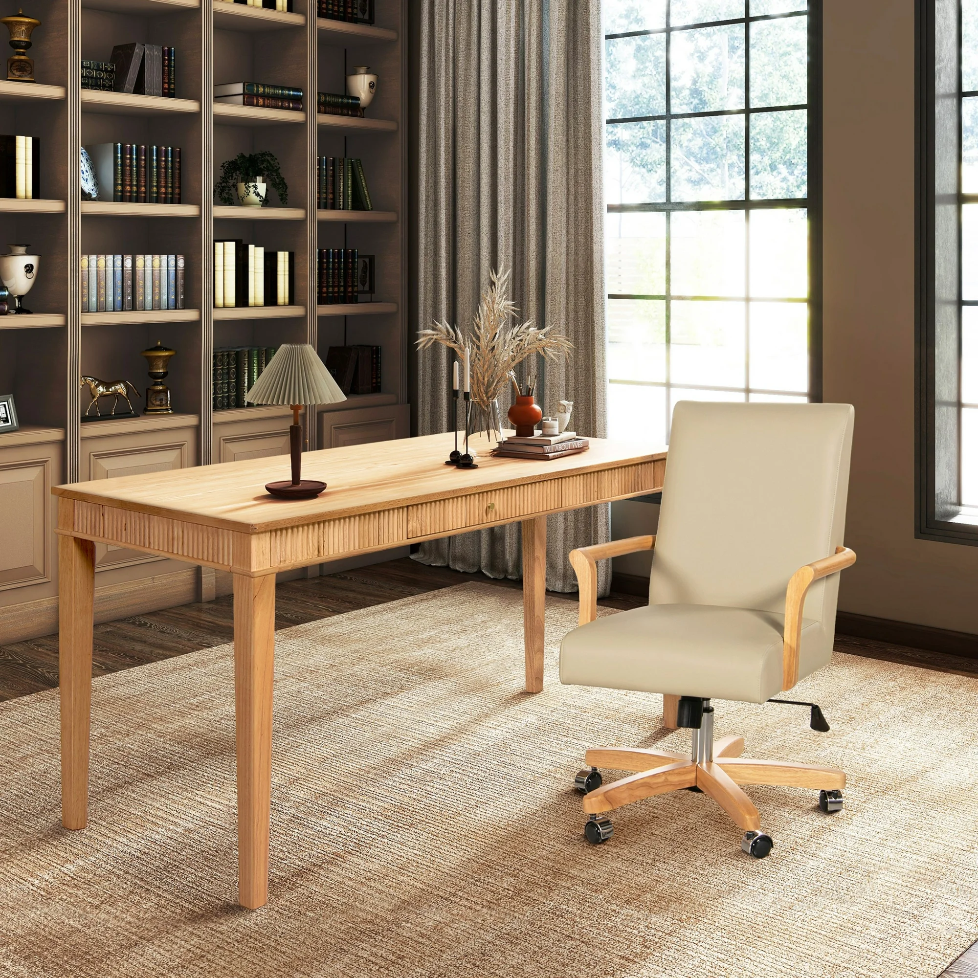 Jennifer Taylor Home Dumont Modern Farmhouse Matching 2-Piece Home Office Writing Desk & Executive Chair Set, Neutral Cream Beige Leather & Natural Wood