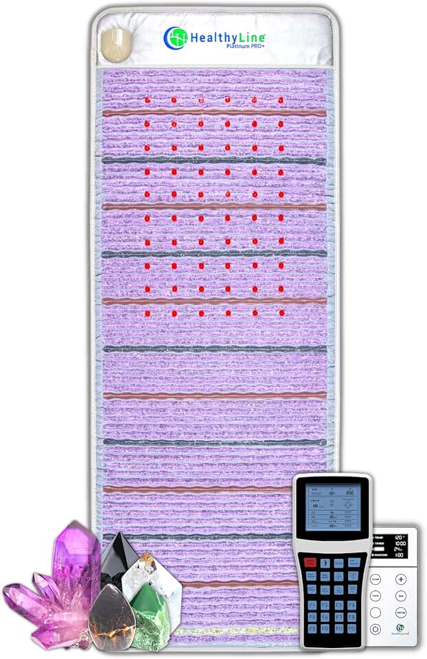 HealthyLine Platinum Far Infrared Heating Pad - Full Body Mat for Back Pain - Natural Crystal Gemstones - Auto Shut Off - Negative Ions Rejuvenating Photon Lights - 72