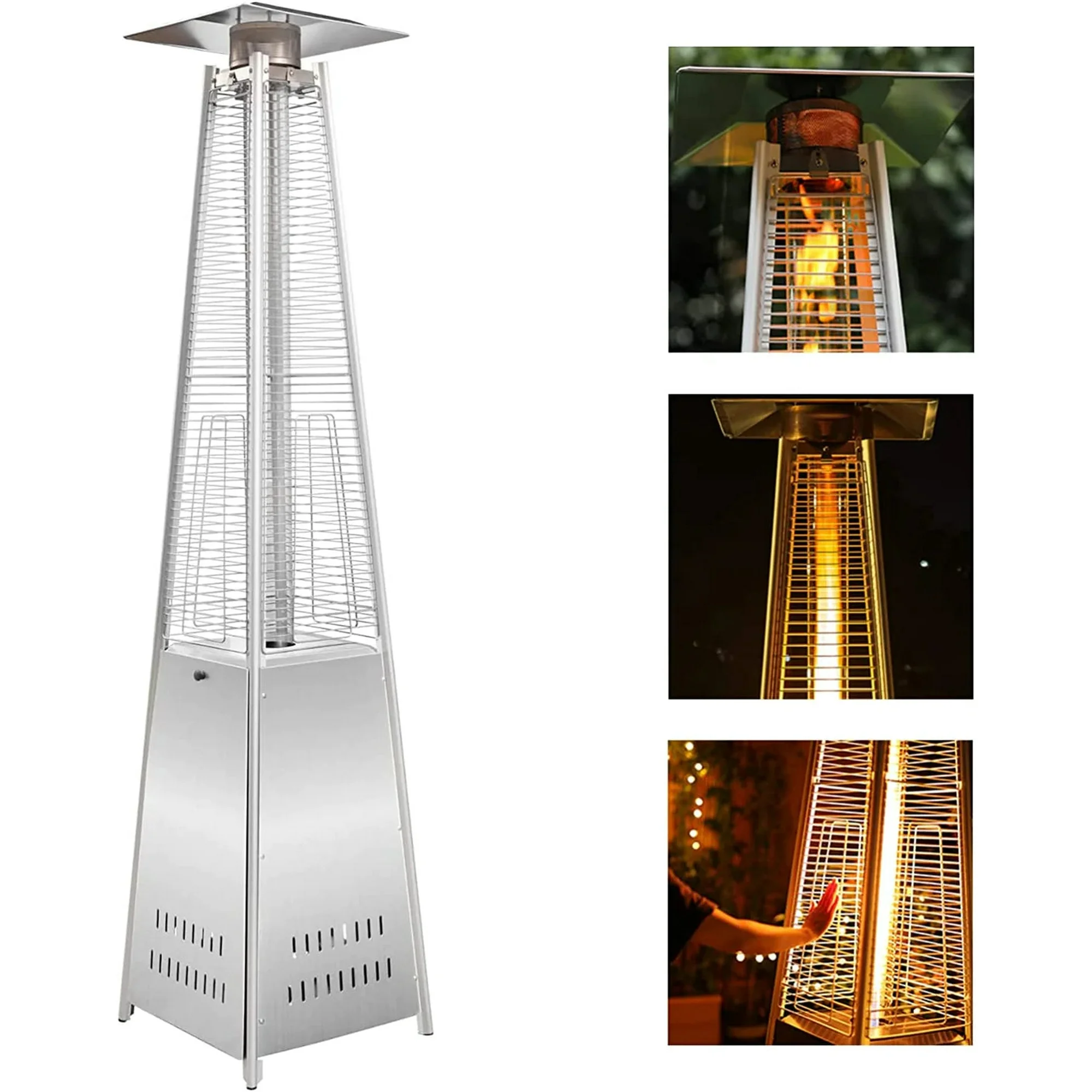 Patio Pyramid Standing 42000 TBU Propane Heater with Wheels, Stainless Steel Burner & Reflector, Silver