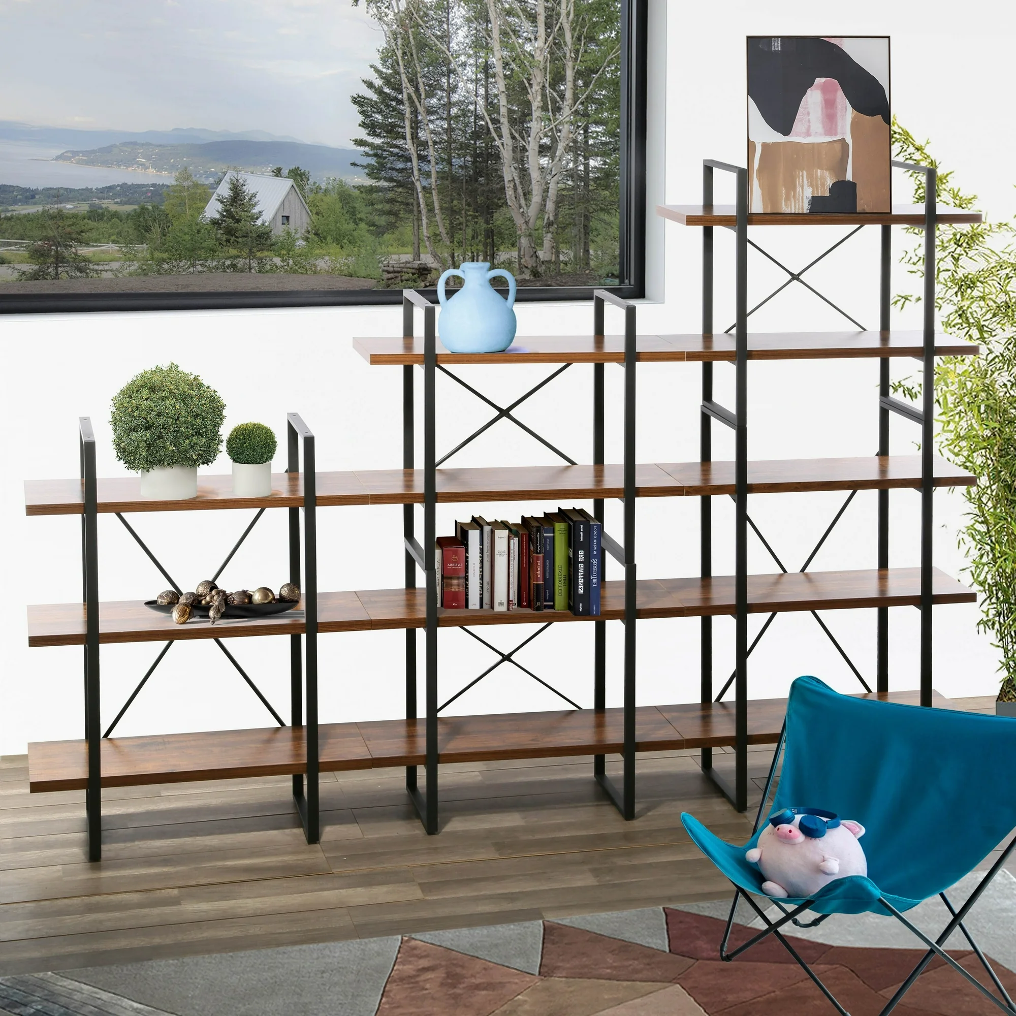 Orli Adjustable Antique Walnut Wood and Metal Display and Steel Etagere Bookcase - Left - 71'' x 106'' x 12.56''