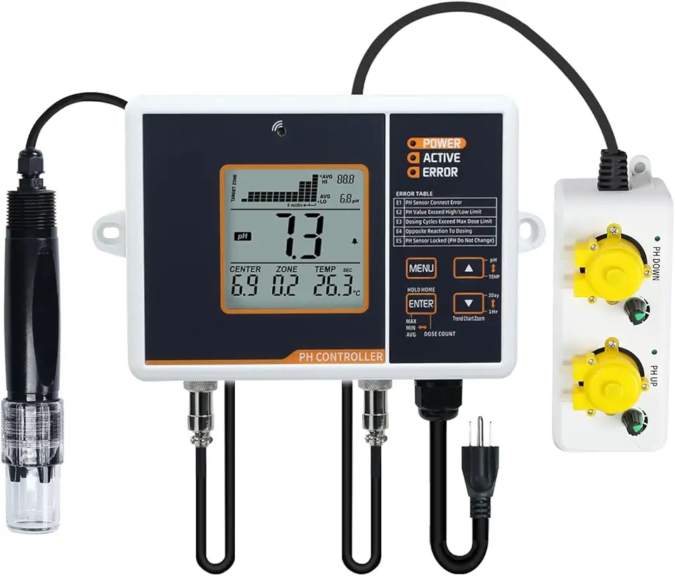 Smart pH Controller Aquariums, Two-Plug Auto Dosing System with Dosing Pump for pH Up and Down Dispensing, pH Meter with ATC Function, pH Monitor for Hydroponics Nutrient