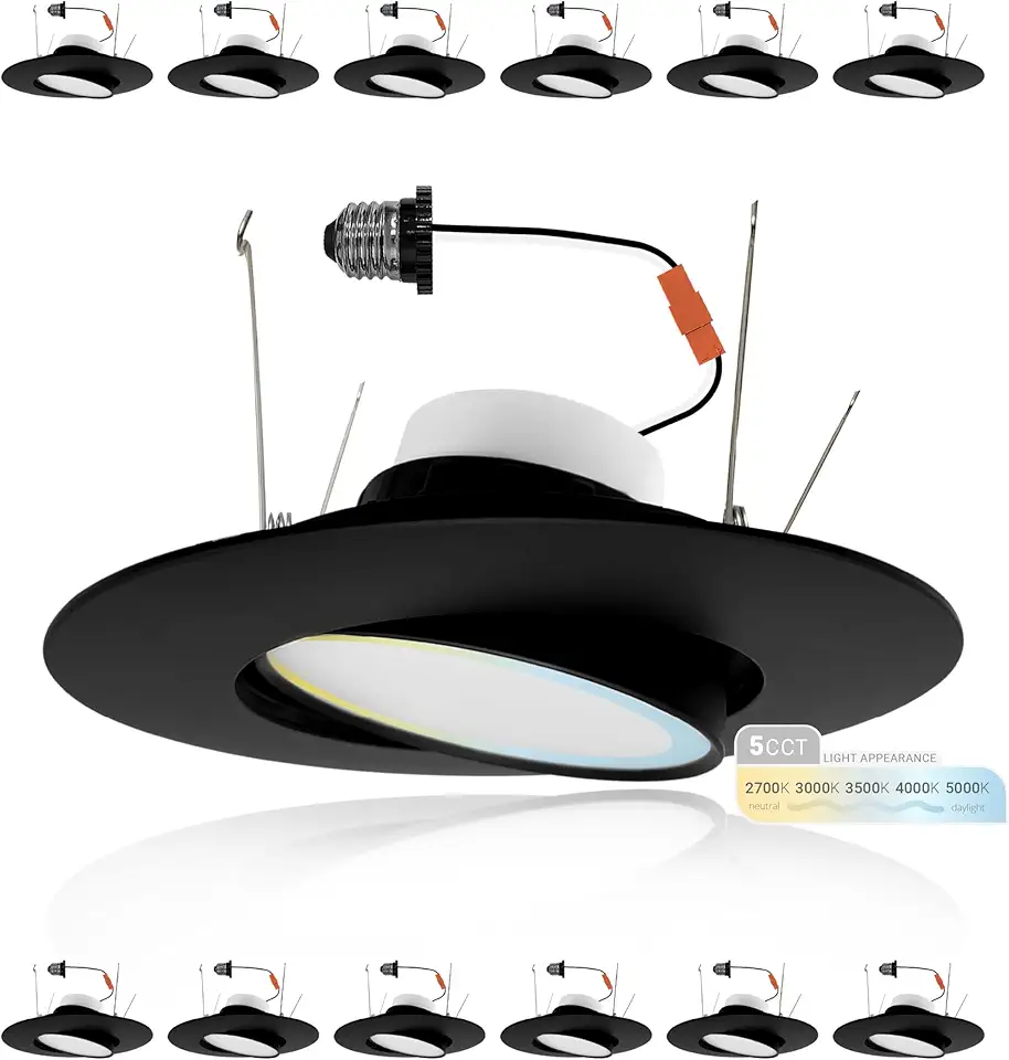 6 Inch LED Black Gimbal Retrofit Recessed Lights, Selectable 5CCT 2700K/3000K/3500K/4000K/5000K, High Brightness, 1200lm Dimmable, 16W, Directional Eyeball Light for Ceiling, ETL Listed 12 Pack