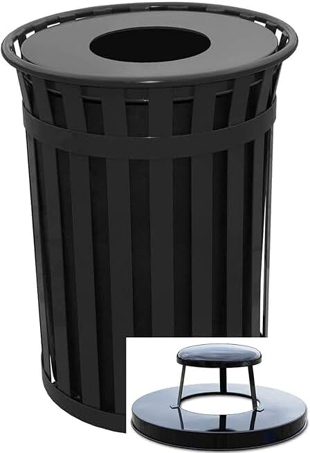 Witt Industries M5001-RC-BK Oakley 50 Gallon Slatted Steel Receptacle w/Raincap Top, Black