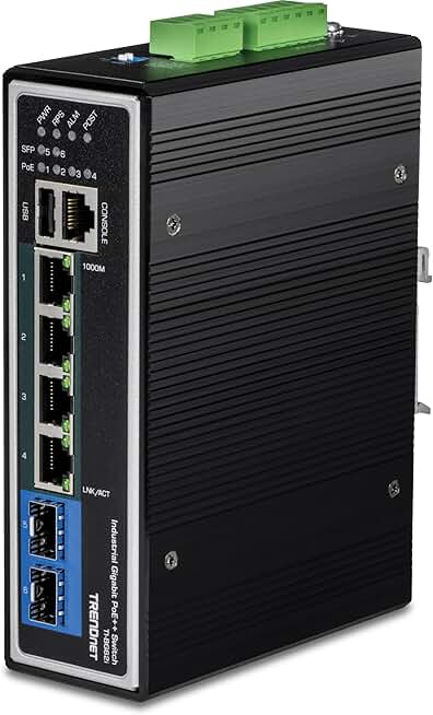 TRENDnet 6-Port Industrial Gigabit L2+ Managed PoE++ DIN Rail Switch, 4 x Gigabit PoE++ Ports, DIN-Rail Mount, 2 x SFP Slots, IP30, VLAN, QoS, LACP, Bandwidth Management, ERPS, Black, TI-BG62i