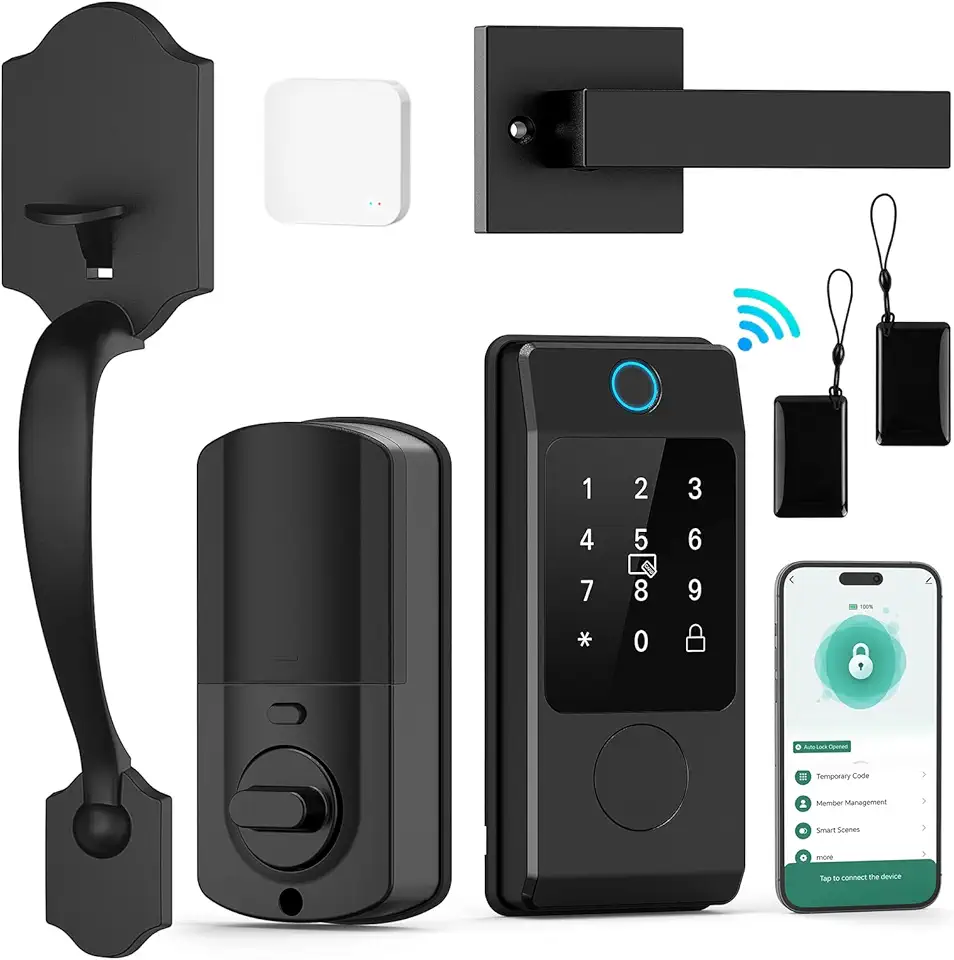 WiFi Front Door Lock Set - Miuedo Keyless Entry Smart Locks Handle Set, Fingerprint Smart Alexa Lock - Smart Deadbolt Lock with Handle Latch - Remote Access Bluetooth APP