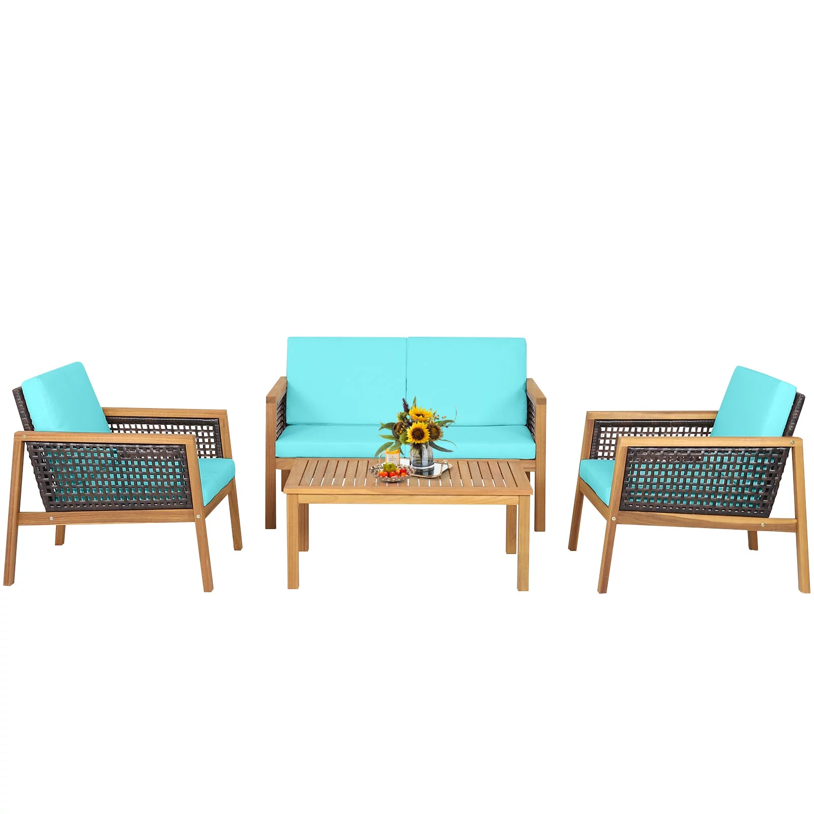 Patiojoy 4-Piece Patio Acacia Wood Furniture Set Outdoor PE Rattan Conversation Set with Removable Cushions Turquoise