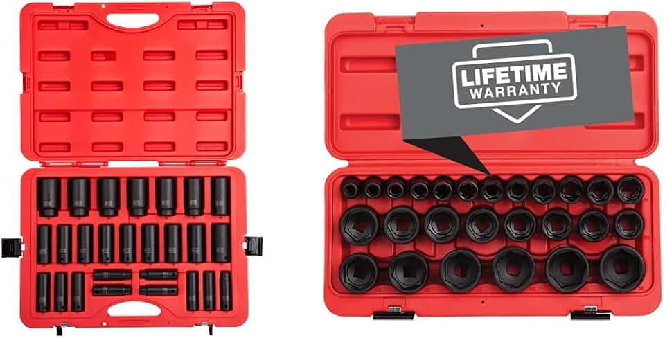 Sunex 2646, 1/2 Inch Drive Deep Impact Socket Set, 26-Piece, Metric, 10mm-36mm & Sunex 2645, 1/2 Inch Drive Impact Socket Set, 26-Piece, Metric, 10mm-36mm, Cr-Mo Alloy Steel, Radius Corner Design