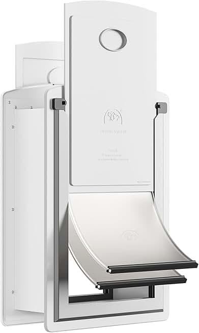 Steel Dog Door for Wall, Telescoping Tunnel and Steel Frame, Double Magnetic Flaps and 2 Sliding Lock Panels, Easy to Install, White, X-Large.