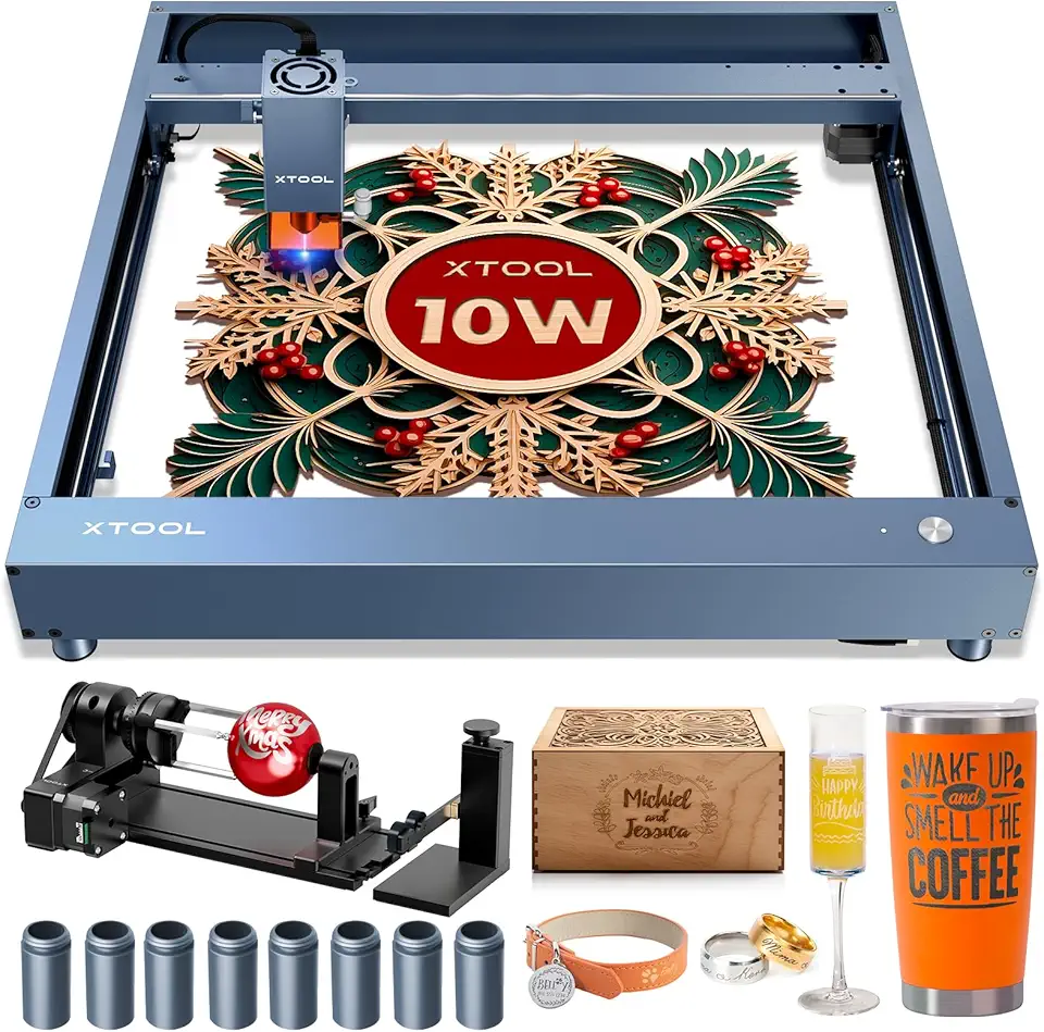 xTool D1 Pro Laser Engraver 4-in-1 Rotary Roller Kit for Glass Tumbler Ring, 10W Laser Cutter, 60W Efficient Laser Engraving Machine, CNC Machine Laser Engraver for Wood and Metal, Acrylic, Leather