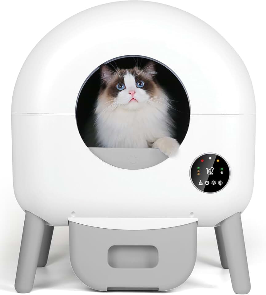 Self Cleaning Litter Box -110L Automatic Cat Litter Box Self Cleaning, All Litter Can Use, with 1 Roll Garbage Bags and Mat, App Control, Big Grey.