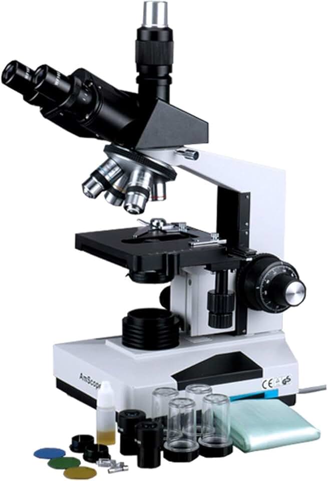 AmScope T490A-DK Compound Trinocular Microscope, WF10x and WF16x Eyepieces, 40X-1600X Magnification, Brightfield/Darkfield, Halogen Illumination, Abbe Condenser, Double-Layer Mechanical Stage, Sliding Head, High-Resolution Optics