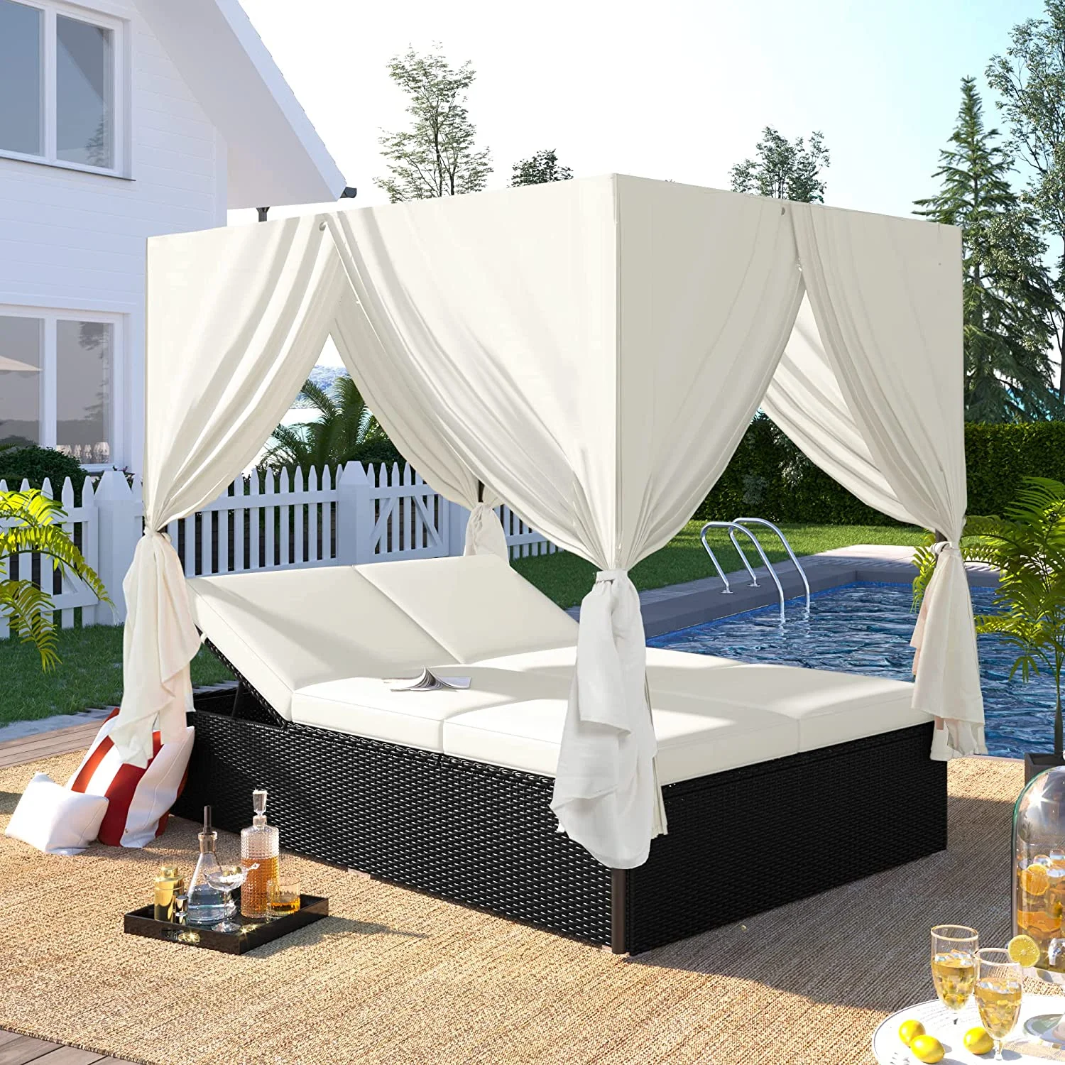 Patio Furniture Sets, Outdoor Daybed Patio Adjustable Recliner, All-Weather PE Rattan Wicker Sunbed Daybed With Curtains, Beige+Black
