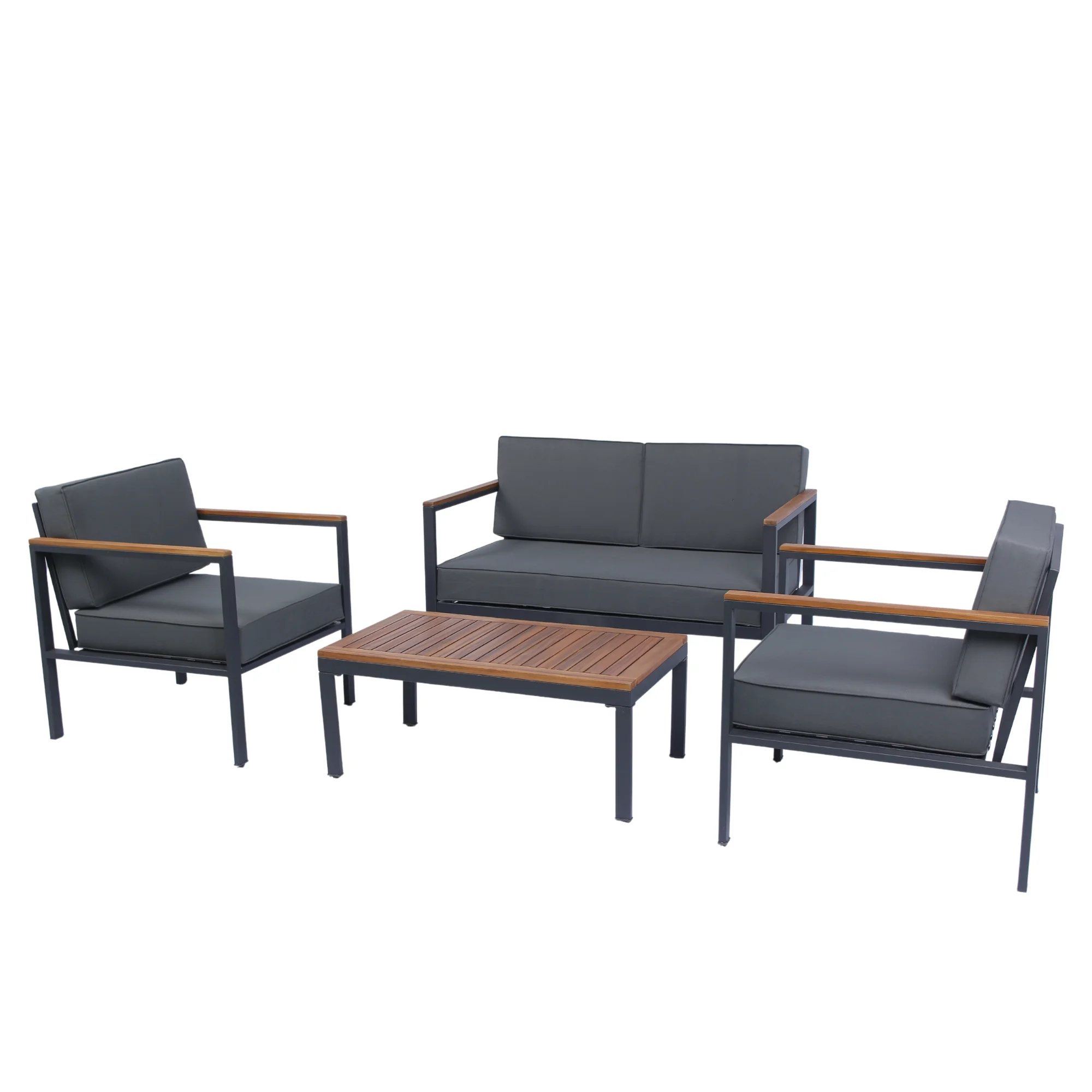 OYang 4 Pieces Garden Furniture Patio Seating Set Outdoor Chairs with Soft Cushion Center Acacia Wood Top Coffee Table Outside Patio Chairs Set for Poolside Garden Balcony
