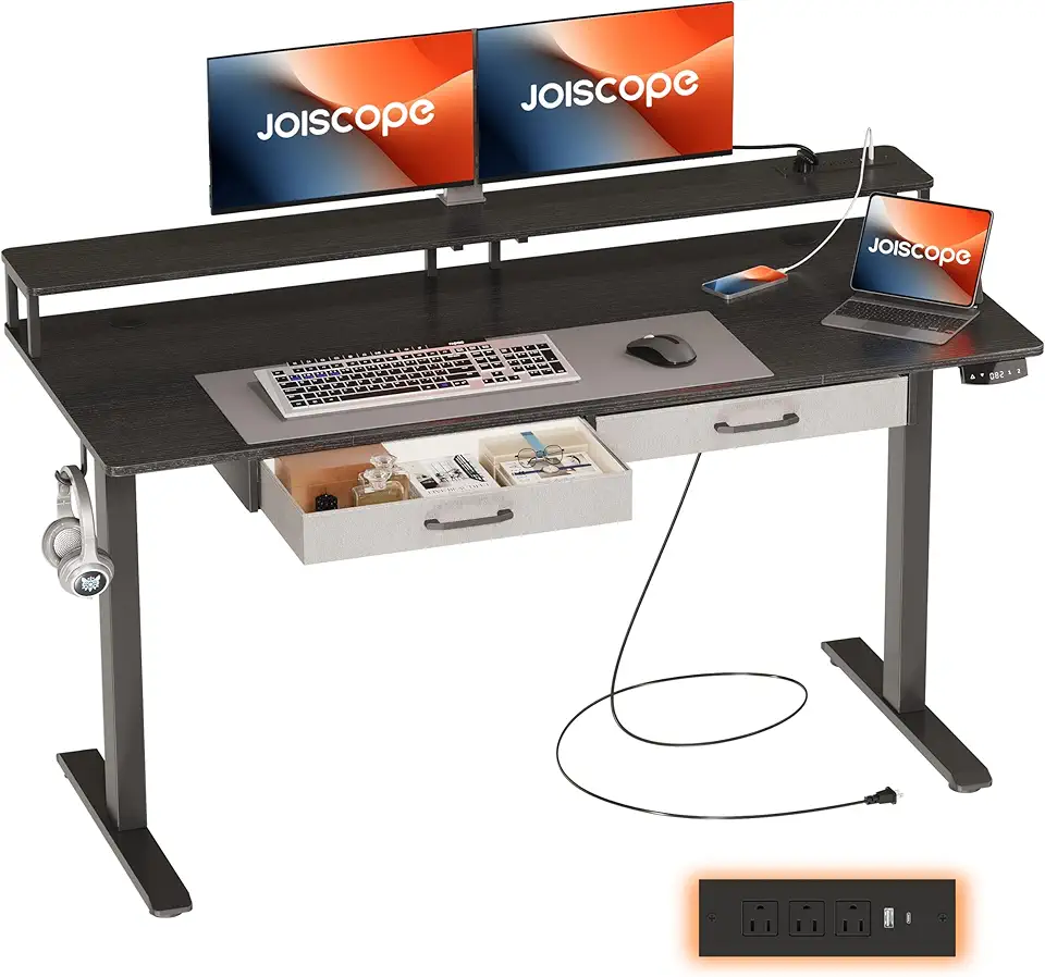 JOISCOPE 55 x 24 inch Adjustable Electric Standing Desk (3AC, USB, Type-C) with Drawers, Monitor Shelf & 2 Memory Heights, Gaming Study Drafting 25 mm/s Sit Stand Desk for Home Office Bedroom, Black