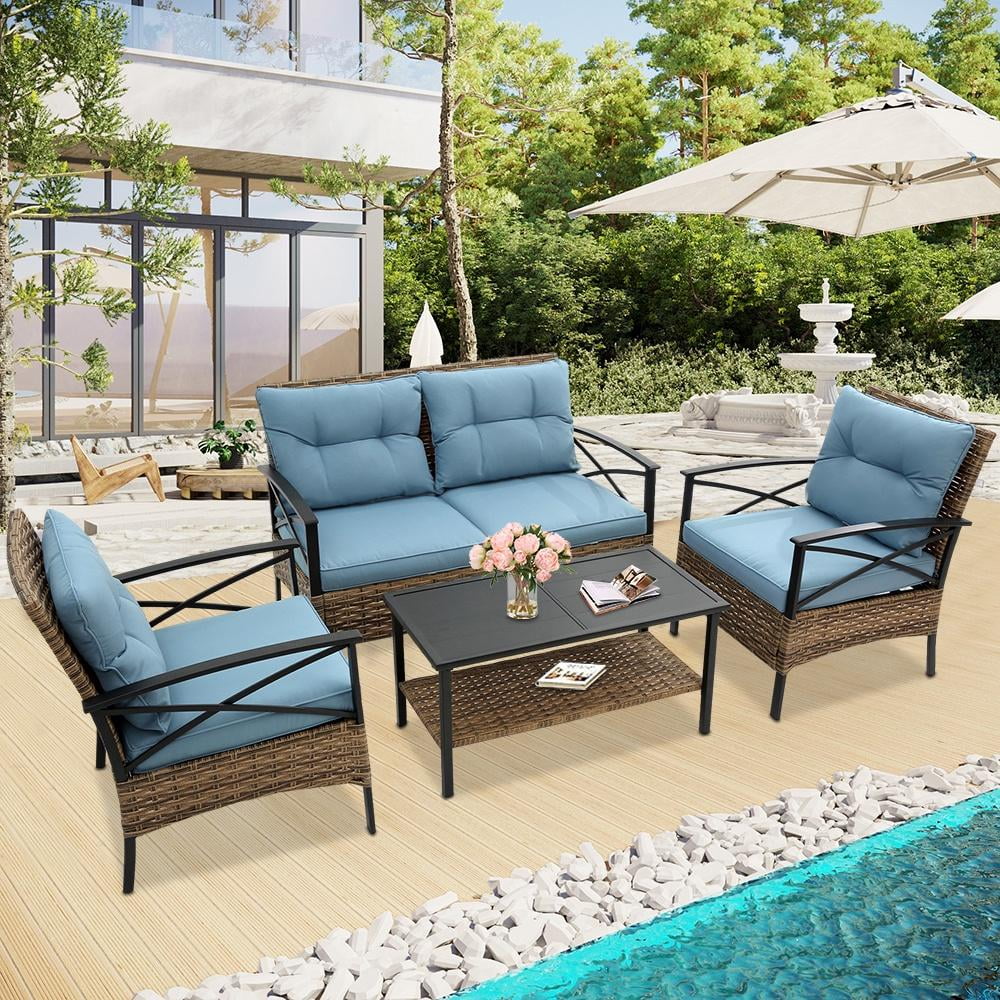 Patio Sofa Set, 4 Pieces Outdoor Sectional Furniture, All-Weather PE Rattan Wicker Patio Conversation Set, Cushioned Sofa Set with Coffee Table for Patio Garden Poolside Deck
