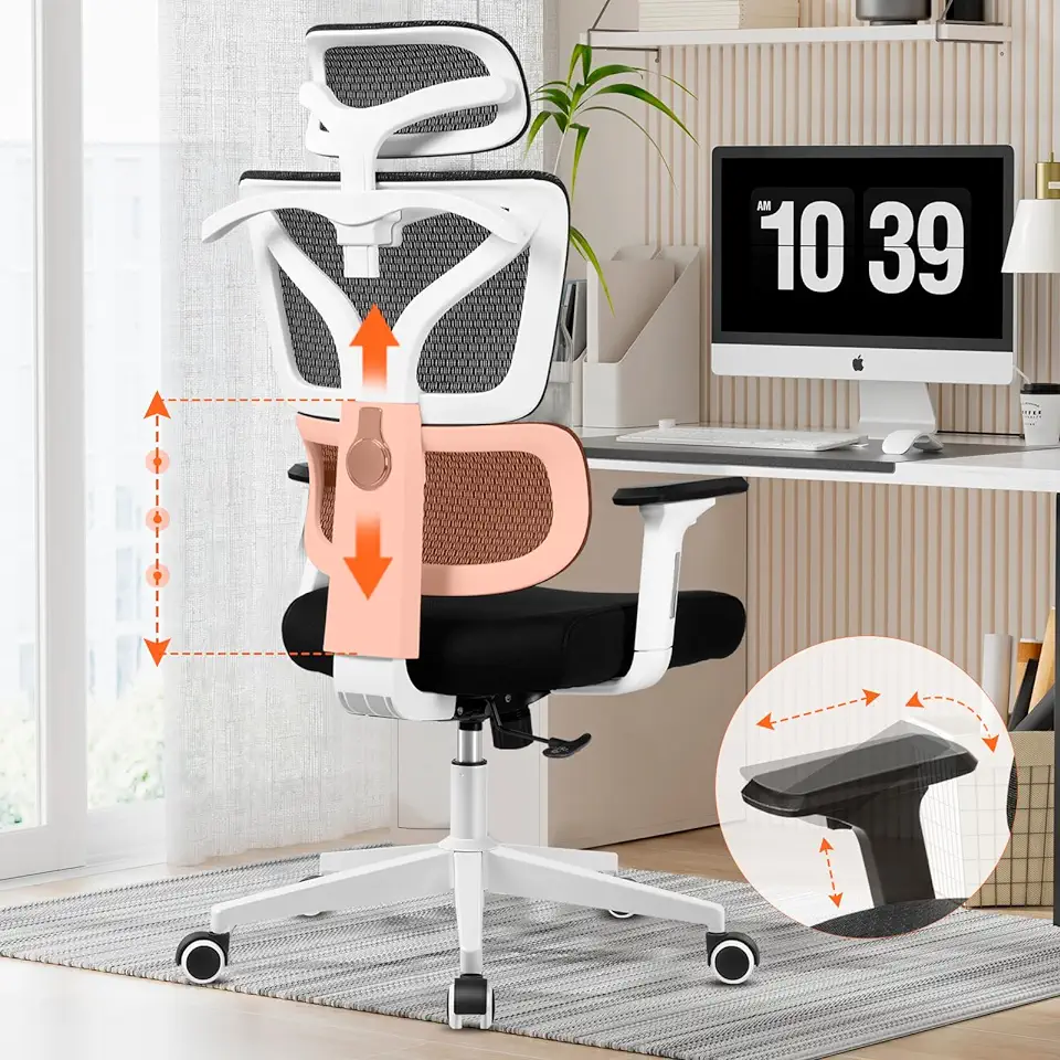 Razzor Ergonomic Office Desk Chair with Adjustable Lumbar Support, Computer Gaming Chair with 3D Arms and Headrest, Comfortable Swivel Chair with Sponge Seat Cushion High Back Executive Chairs White
