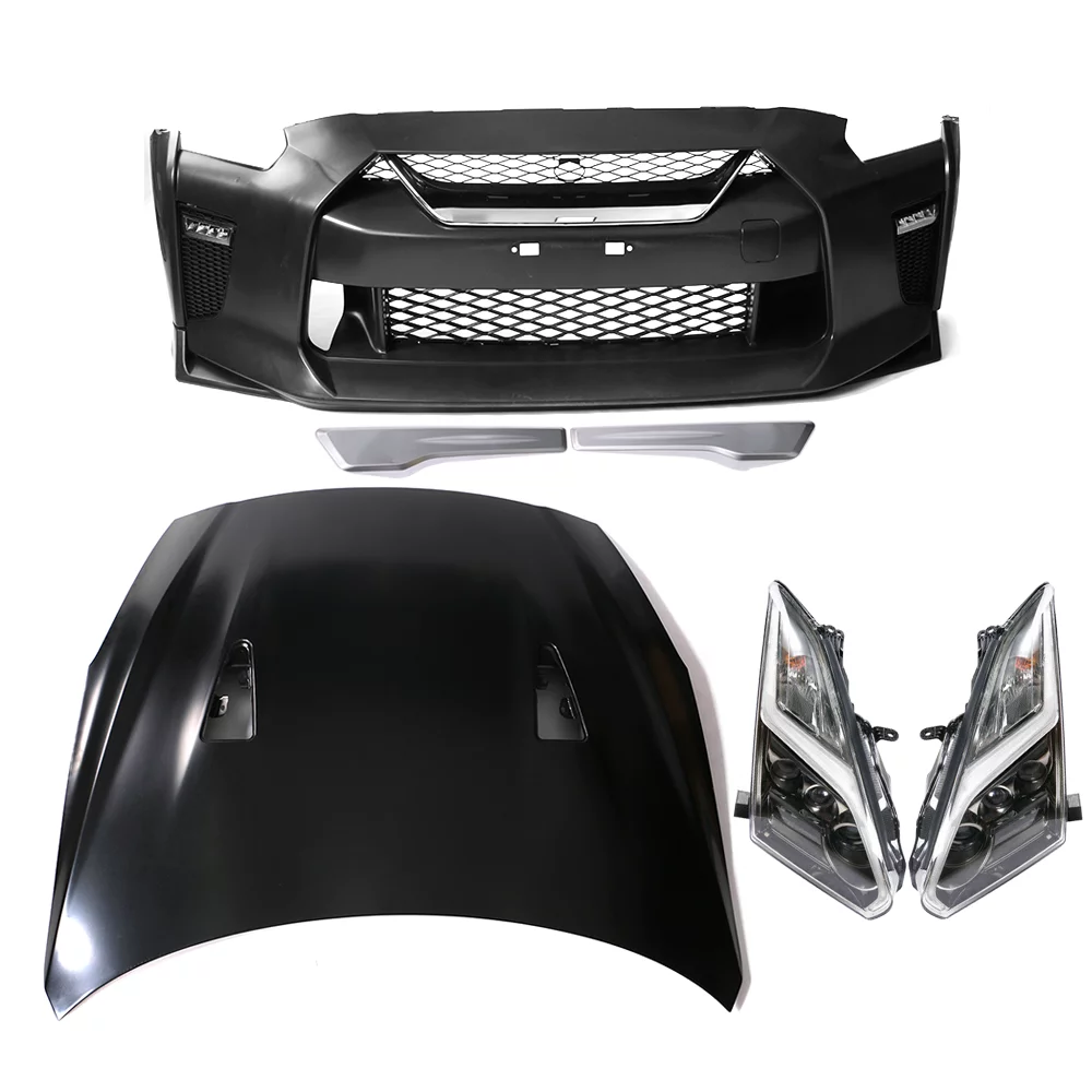 Ikon Motorsports Compatible with 09-22 Nissan R35 GTR GT-R Coupe Front Bumper & Hood Cover & LED Headlights