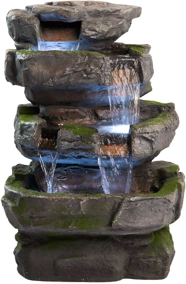 Wilson Rock Fountain: Stunning Outdoor Water Feature for Gardens & Patios. Weather Resistant w/LED Lights & Pump.